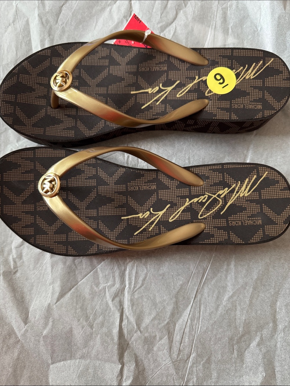 Michael Kors Gold Strap Brown Monogram Flip Flops - Picture 7 of 7